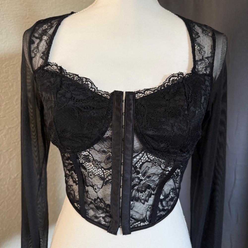 Black Lace Corset Crop Top Sheer Mesh Long Sleeve Hook Eye Front Gothic - Picture 5 of 7